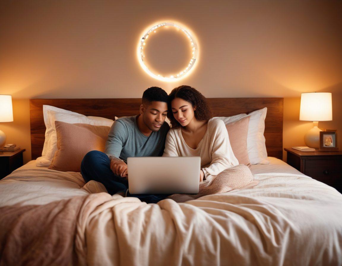 A serene and inviting bedroom scene, featuring a couple engaged in a deep conversation over a laptop, soft lighting creating a warm ambiance. The background includes subtle hints of educational materials such as books and art, symbolizing intimacy and personal growth. Incorporate symbols like hearts and interconnected circles to represent online connections. soft-focus. warm colors. cozy atmosphere.