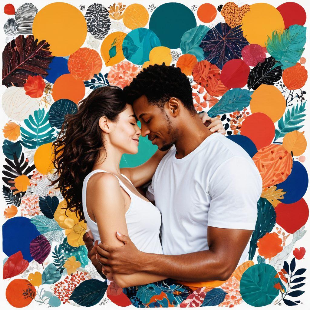 A visually engaging collage that represents the world of online intimacy and sexual wellness, featuring diverse couples embracing in an intimate, tasteful manner, with abstract elements symbolizing freedom and exploration. Incorporate digital devices and artful motifs of connection, pleasure, and consent. Use vibrant colors to create a warm, inviting atmosphere. super-realistic. vibrant colors. white background.
